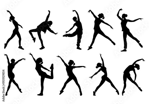 Diverse silhouettes of ballet dancers performing various graceful poses in mid-motion