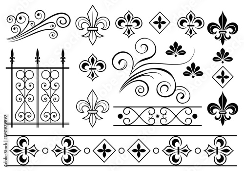 Elegant collection of fleur-de-lis and decorative ironwork patterns in black and white