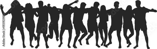 Silhouette of Diverse Group of Friends Jumping and Dancing in Celebration, Energetic Youth Party Crowd Isolated on White Background with Unity and Happiness Concept