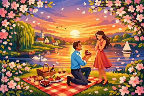 Couple enjoys a picnic by the lake at sunset while getting engaged among nature's beauty