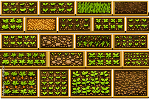 Garden beds filled with various plants growing in rows at a community garden during the daytime