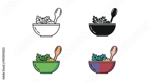 Colorful bowls of broccoli and soup with different utensils