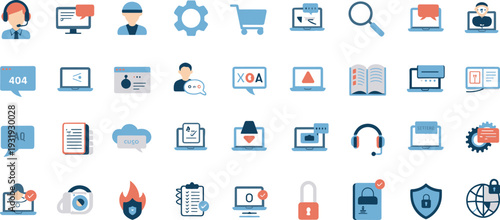 Customer support icons set, online services, cybersecurity, chat, shopping cart, FAQ, error, cloud, shield, padlock, global internet, documents, gear