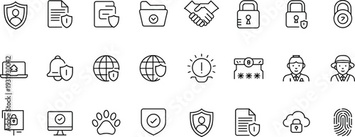 Cybersecurity icon set, data protection symbols, online privacy graphics, secure network elements, shield icons, padlock illustrations, fingerprint design, vector line art