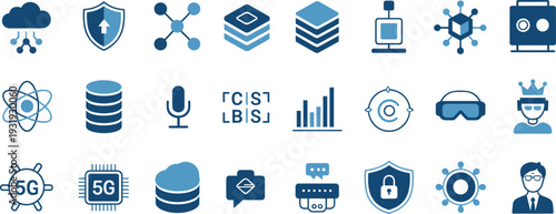 Cybersecurity icons, cloud computing, data protection, secure server, digital infrastructure, 5G technology, VR headset, blockchain, artificial intelligence, communication systems