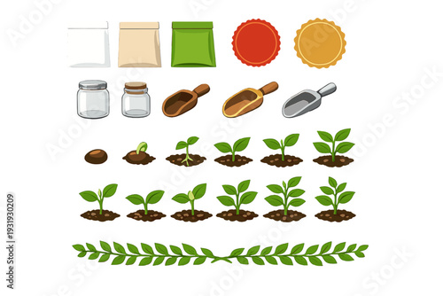 Gardening supplies and growing plants with soil and seed elements presented on a clear background for planting activities