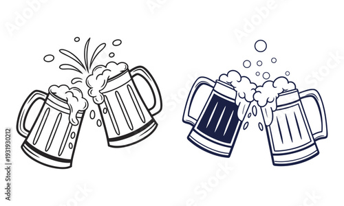 Two mugs clinking together in a celebratory toast with frothy beer overflowing.