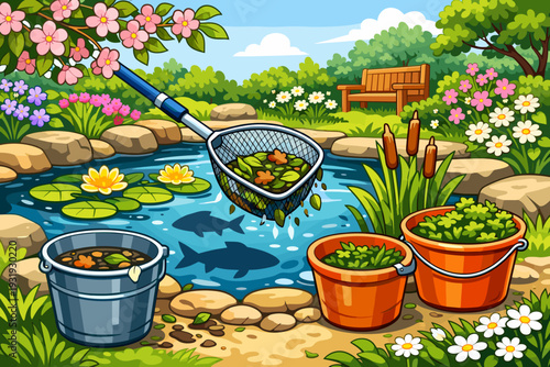 Garden scene with pond, flowers, and cleaning tools in a sunny location during daytime