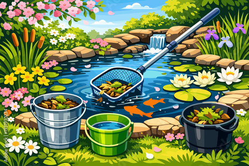 Gardening activity at a pond with tools and fish in the water during a sunny day