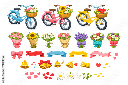 Three bicycles with flower baskets and decorations for celebrations and events in a cheerful scene
