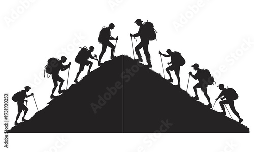 Bild auf Leinwand Determined climbers ascending a challenging mountain peak together