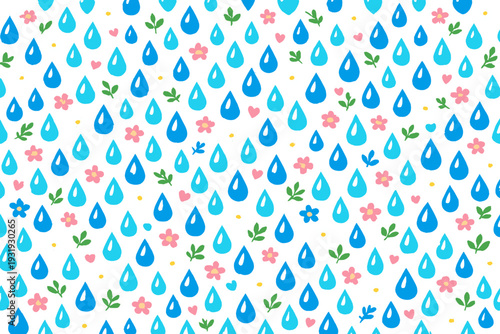 Bright blue raindrops fall among colorful flowers on a white background during a sunny day