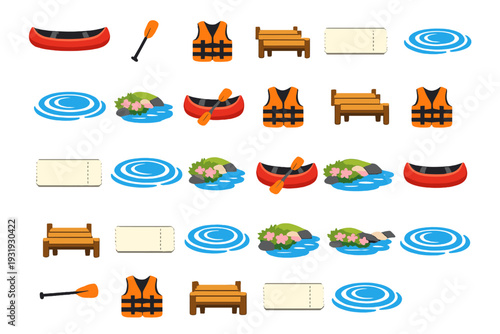 Items associated with kayaking and water activities near a river or lake