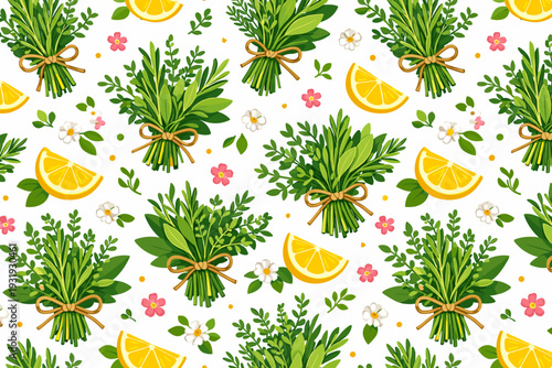 Pattern of herbs and lemons with flowers on white background in a bright kitchen setting during the day