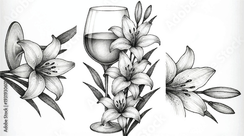 Elegant Black and White Sketch of Lily Flowers with a Glass of Wine