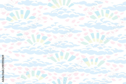 Colorful clouds and sun patterns fill the background during daytime with soft shapes and light colors in a cheerful design