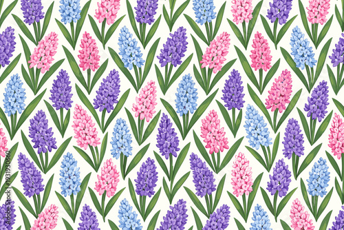 Flowers are arranged in a pattern with pink, purple, and blue colors on a light background in a design suitable for home decor