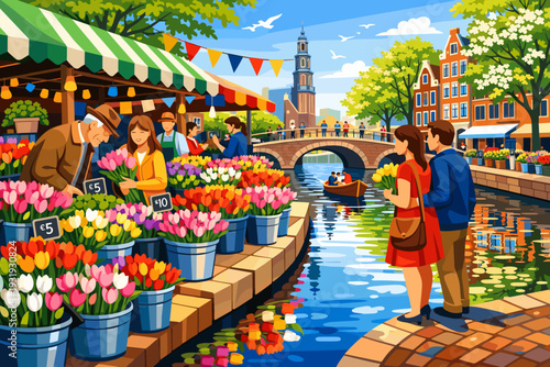People shop for flowers at a market by the canal in a city during a sunny day with blue skies and colorful buildings