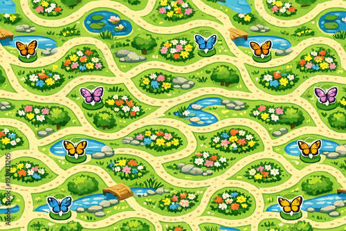 Colorful butterflies and winding paths in a bright garden scene with flowers, streams, and greenery during daytime