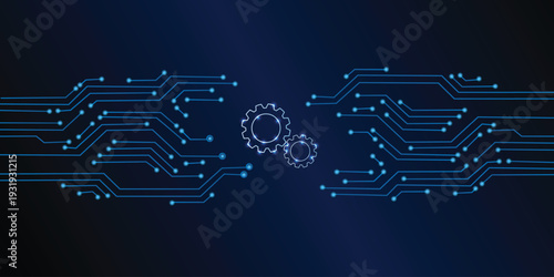 Abstract Technology Background, blue pattern with electric light, microchip, power line,Illustrations Vectors circuit board on a dark technological background.