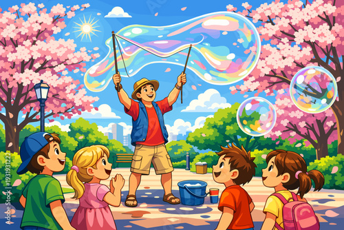 Children watch a person making large bubbles in a park during a sunny day with trees and flowers around