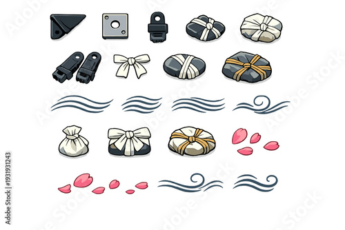 Different types of food items and decorative elements arranged in a creative pattern on a plain background