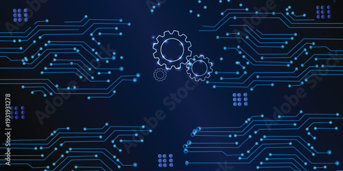 Abstract Technology Background, blue pattern with electric light, microchip, power line,Illustrations Vectors circuit board on a dark technological background.