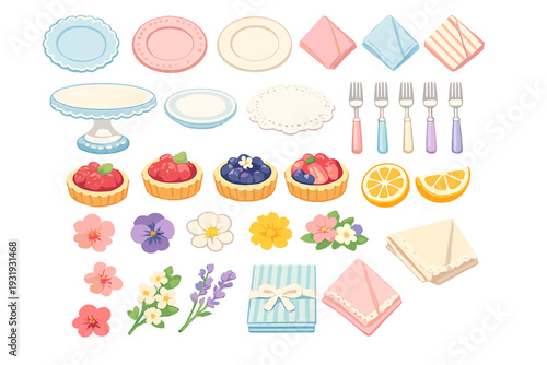 Dessert items and tableware for a casual gathering with food, flowers, and utensils arranged on a flat surface