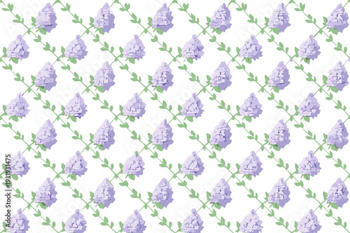 Flowers cover a white background with small purple blooms arranged in a repeating pattern on a fabric design