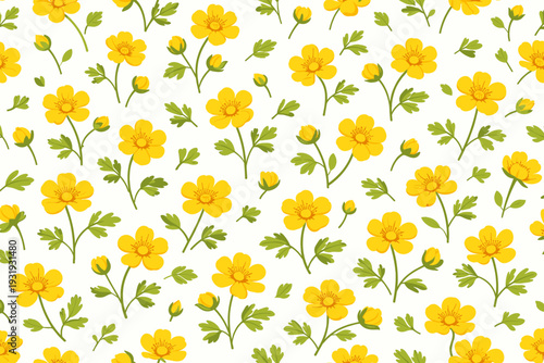 Yellow flowers with green leaves create a simple pattern on a white background in a design suitable for fabric or wallpaper