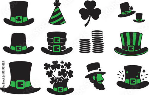 St. Patricks Day festive emblems set featuring lucky hats and shamrock designs