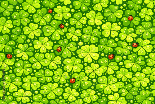Ladybugs crawl on green clovers with drops of water in a close-up view on a sunny day in a garden setting