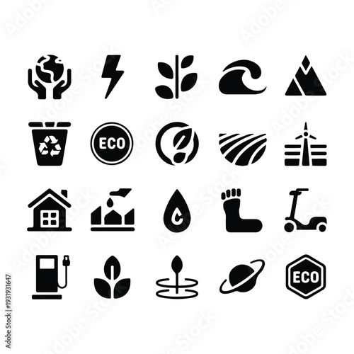 Flat Vector Silhouettes of Renewable Resources, Solar Power, Wind Energy, and Organic Concepts