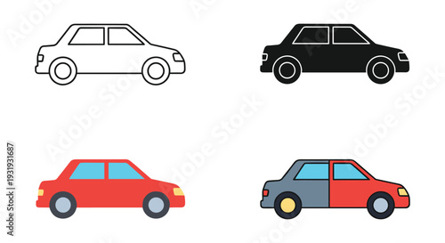 Four stylized cars depicted in different colors and line styles for visual comparison