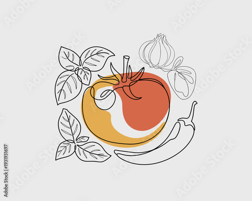 Fresh Tomato, Garlic and Chili Pepper Line Art – Organic Vegetable Illustration