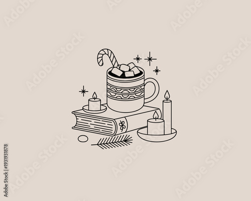 Cozy Christmas Hot Cocoa Line Art – Festive Winter Mug and Candle Illustration