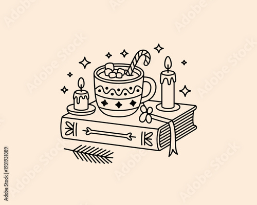 Cozy Christmas Hot Cocoa Line Art – Festive Winter Mug and Candle Illustration