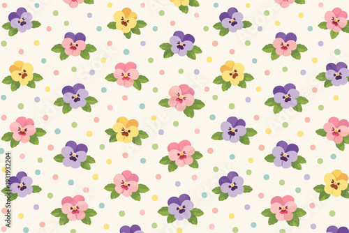 Colorful floral pattern with pansies and dots on a light background in a simple design suitable for various uses