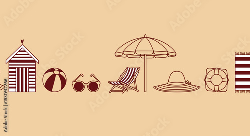 Beach Vacation Line Art Set – Summer Coastal Icons with Umbrella Chair Lifebuoy