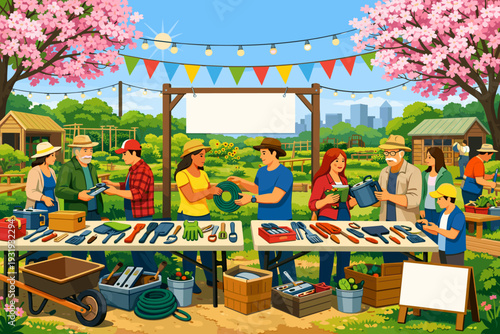 Garden fair promotes sharing and learning among community members during sunny day with food and tools