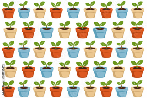 Plant pots with green sprouts arranged in a neat pattern on a white surface for a home decor project or gardening theme