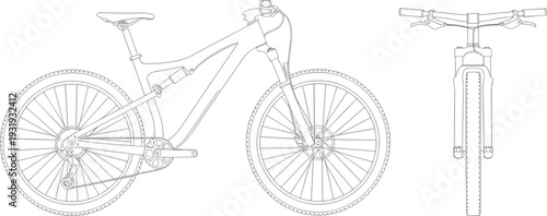 Detailed Line of a Mountain Bike with Front and Side Views bicycle line black and white wheels tires