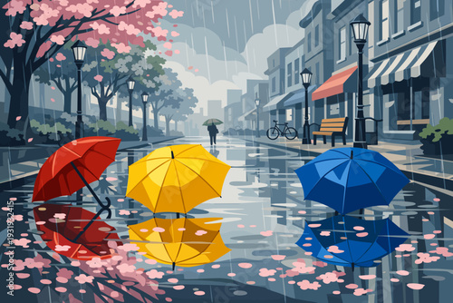 Rain falls on a street scene with umbrellas, trees, and buildings in a town during a rainy day