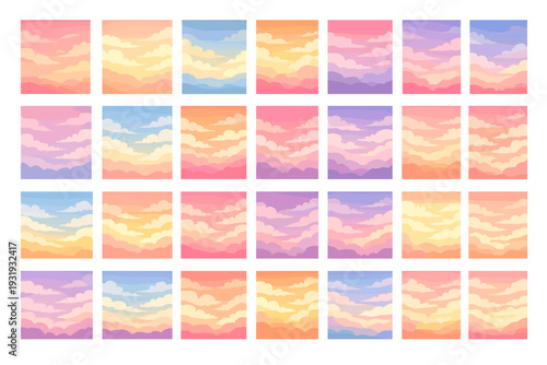 Variations of colorful clouds across a gradient sky during sunset in a serene atmosphere with different patterns