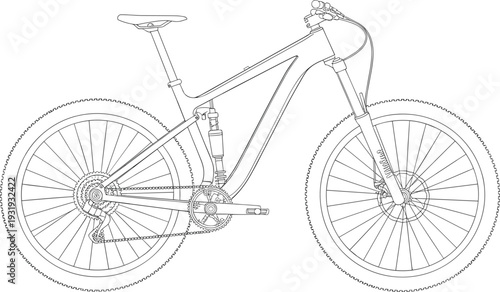 Detailed Line of a Mountain Bike with Suspension and Spoked Wheels bicycle line black and white spokes