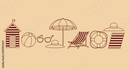 Beach Vacation Line Art Set – Summer Coastal Icons with Umbrella Chair Lifebuoy