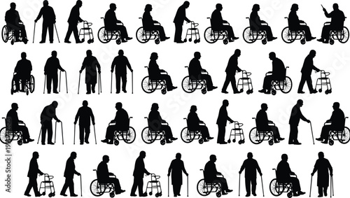 Black silhouettes of elderly people with mobility aids, wheelchairs, walkers, canes, diverse postures, accessibility, healthcare, aging population vector