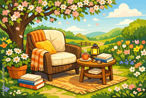 Cozy outdoor seating area with a chair and table near flowers and trees in a bright landscape during daylight