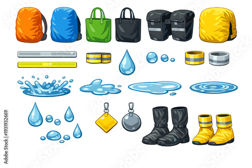 Items and equipment for outdoor activities are arranged on a white background showing different colors and shapes