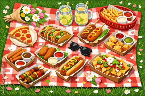Picnic setup with various foods and drinks on a red checkered blanket in a park during a sunny day